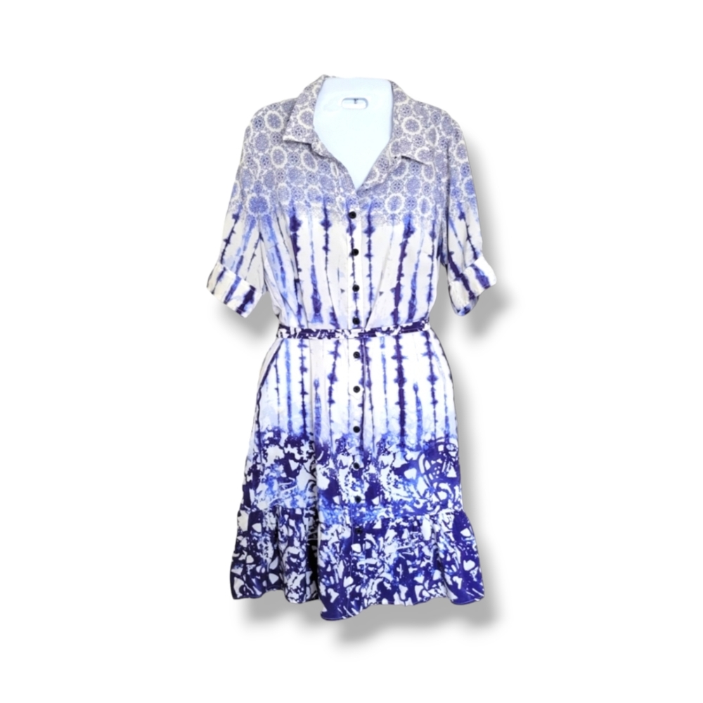 Peter Som | Design Nation | Pretty Blue/White Tie Dye Belted Shirt Dress